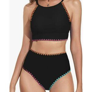 Cupshe XL Black Embroidered High Neck Tankini Bikini Set Bathing Suit NEW